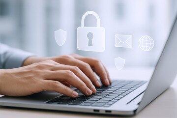Cybersecurity: Hands Typing on Laptop with Digital Security Overlay, Data Protection and Privacy