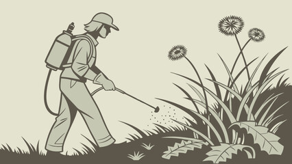 Fototapeta premium Pest Control Worker Spraying Weeds Agriculture Gardening Illustration Vector Graphic Design Environmental Maintenance Weed Removal Landscape Maintenance Outdoor Work Farming Gardening Su.