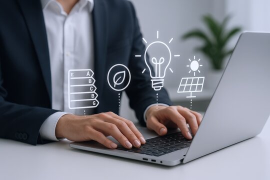 Businessman Working on Laptop Promoting Sustainable Energy Solutions and Energy Efficiency Initiatives for a Greener Future