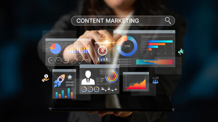 Content marketing interface with data dashboards, analytics charts, and content tools. Marketing...