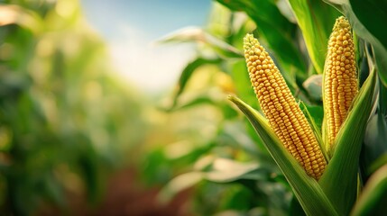 Ripe Corn Cobs Growing in a Lush Field on a Sunny Day Ready for Harvesting