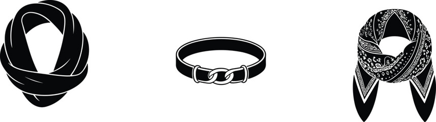 Infinity scarf silhouette, choker necklace vector, bandana neckerchief design, paisley scarf illustration, fashion accessory icon, black outline, stylish clothing detail