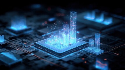 Futuristic Microchip with Abstract Bar Graph Overlay Representing High Tech Data Analysis and Processing