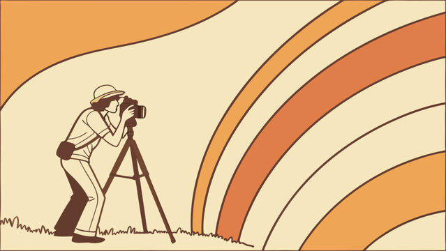 Photographer using a tripod with a retro style background illustration.