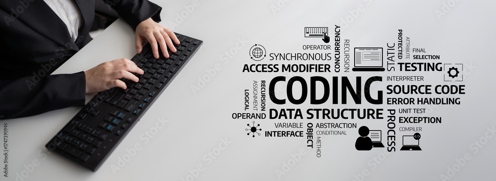 Wall mural close-up of hands typing on a keyboard, showcasing various coding concepts. ideal for tech-related p