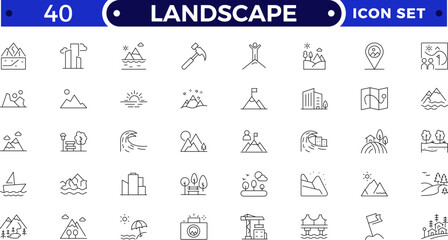 Landscape outline icon set. Park modern icon set. Contains such symbols as cape, land, building, field, mountain, garden, park and more.