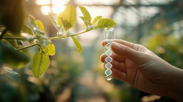 Genetic Research: Hand Holding Test Tube with DNA Helix near Plant Leaves in Greenhouse