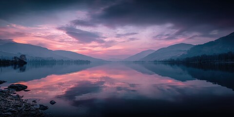 Scenic Lake Reflection at Dusk with Mountains and Dramatic Cloudy Sky Backdrop