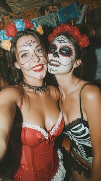 Halloween night: friends bonding amid shadowy festive backdrops. Creative poster. Selfie snapshot: friends enjoy halloween in colorful party setting. Clean layout. Rule thirds.