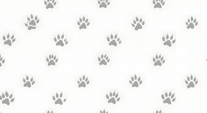 Seamless pattern of gray paw prints on a white background.