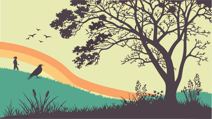 Fototapeta premium Serene Nature Scene Silhouette of a Tree Birds and Person Walking on Grassy Hill with Abstract Rainbow Background.