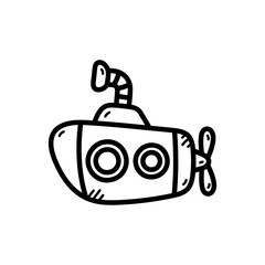 Simple hand drawn black outline of a submarine with a propeller and periscope on a white background simple cartoon illustration for kids educational purposes shipping and transport concept.