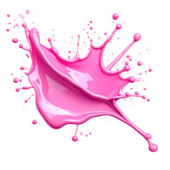 Vivid pink paint splash isolated on a black background, with drops and glossy highlights