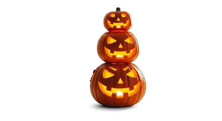 Stack of three carved halloween pumpkins glowing on a white seamless background