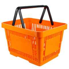 Bright orange shopping basket, black handle, isolated against a dark background