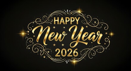 Happy New Year 2026 elegant golden typography with sparkling ornate frame on black background.