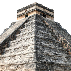 Ancient Mayan step pyramid, weathered stone, rising towards a square top with windows