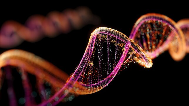 Abstract DNA structure visualisation with glowing particles and wireframe effect