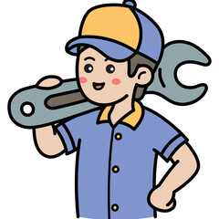Illustration of a Smiling Young Mechanic with Wrench on Shoulder in Blue and Yellow on Transparent Background