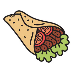 Illustration of a Shawarma Wrap with Tomatoes Meat and Lettuce on a White Background