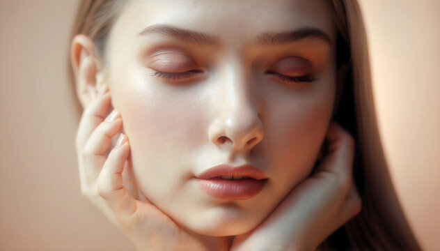 A serene portrait captures the essence of tranquility as a woman closes her eyes. Her fingers gently caress her cheeks, a display of tender care and deep introspection, bathed in a soft glow.