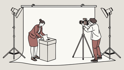 Studio Photography Session Person Depositing Paper into Box Photographer with Camera on Tripod Lighting Equipment.