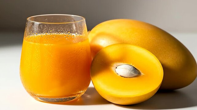 Fresh Lucuma Juice with Cut Fruit on White Table