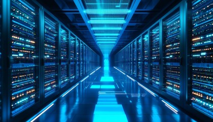 The image shows a long corridor inside a modern data center; rows of lit-up servers are visible on either side of a reflective floor.