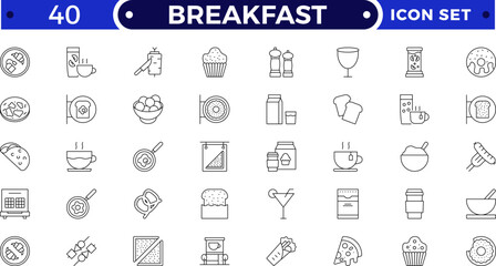 Breakfast Outline icon set. Contains such icons as burger, coffee, donut, bubble tea, pizza, French fries, tea, desserts, beer, hot dog, sushi and rolls, cocktail, energy, chicken.