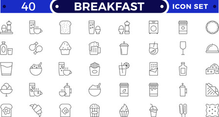 Breakfast Outline icon set. Contains such icons as burger, coffee, donut, bubble tea, pizza, French fries, tea, desserts, beer, hot dog, sushi and rolls, cocktail, energy, chicken.