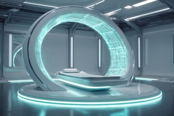 Futuristic Medical Pod with a Luminous Cyan Arch in a High-Tech Sci-Fi Laboratory.