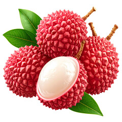 Close-up view of ripe lychees with a cut one revealing juicy white fruit