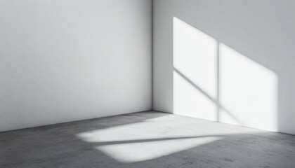 Sunlight streams through a window in a corner of a room, illuminating the white walls and grey concrete floor.