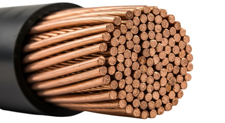 Close up view of thick copper wire showing many strands and metal strands isloted on transparent background