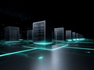 Fototapeta premium Futuristic technology background showing AI server synchronization and data processing