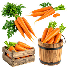 A collection of fresh orange carrots with green tops arranged in diverse displays
