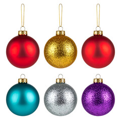 Six colorful, shiny Christmas ornaments with golden caps and threads hanging