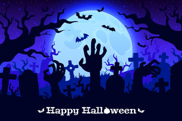 Cartoon Halloween graveyard cemetery landscape with zombie hands rising from graves vector banner. Creepy landscape with bats, spooky trees, crosses and Halloween zombie hands at night sky background