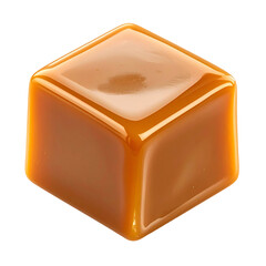 A single, square-shaped caramel candy with a glossy, reflective surface against a black background