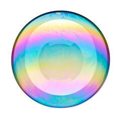 A large, iridescent soap sphere against black, reflecting colorful light and swirling patterns