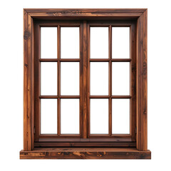 A square wooden window with eight panes, sitting on a sill, against a transparent background