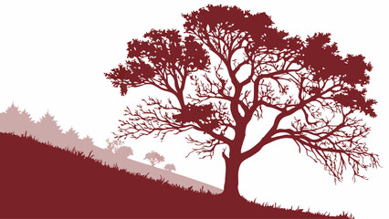 Fototapeta premium Stylized Tree Silhouette on Hillside Nature Illustration Red Tones Vector Graphic Landscape Design Element.