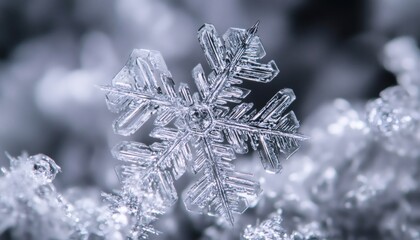 The image shows a detailed close-up of a single snowflake exhibiting a complex crystalline structure with numerous branches and intricate details.