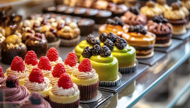 A glass display case showcases an assortment of colorful pastries and cupcakes, decorated with fresh berries and creamy frosting.