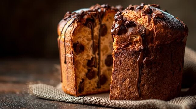 Close up of chocolate chip panettone bread with a slice cut on a burlap surface in soft lighting