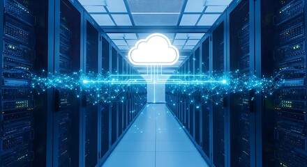 Cloud computing technology concept showing glowing cloud icon over data center servers with network connections, modern digital infrastructure, big data storage