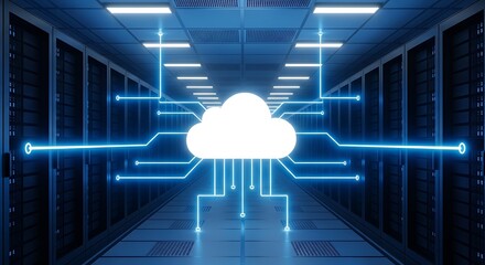 Cloud computing technology concept showing glowing cloud icon over data center servers with network connections, modern digital infrastructure, big data storage