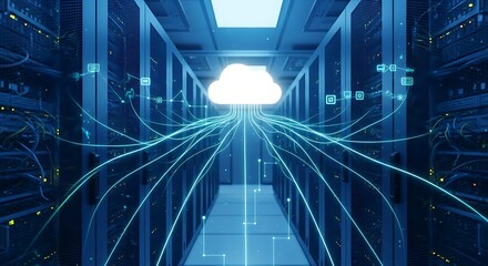 Cloud computing technology concept showing glowing cloud icon over data center servers with network connections, modern digital infrastructure, big data storage
