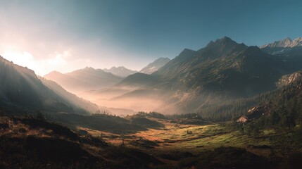 Obraz premium Majestic Mountain Valley Sunrise, Inspiring Landscape Panorama.