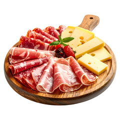 An arrangement of cured meats, cheeses, and garnishes on a wooden serving board
